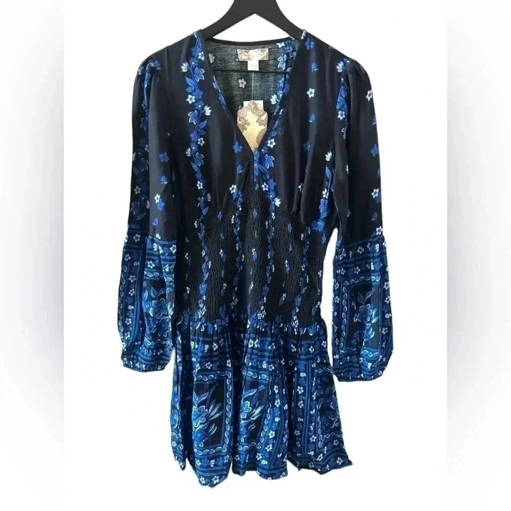 Band Of Gypsies Long Sleeve Mini Floral Ruffle Dress Black Blue Sz Small